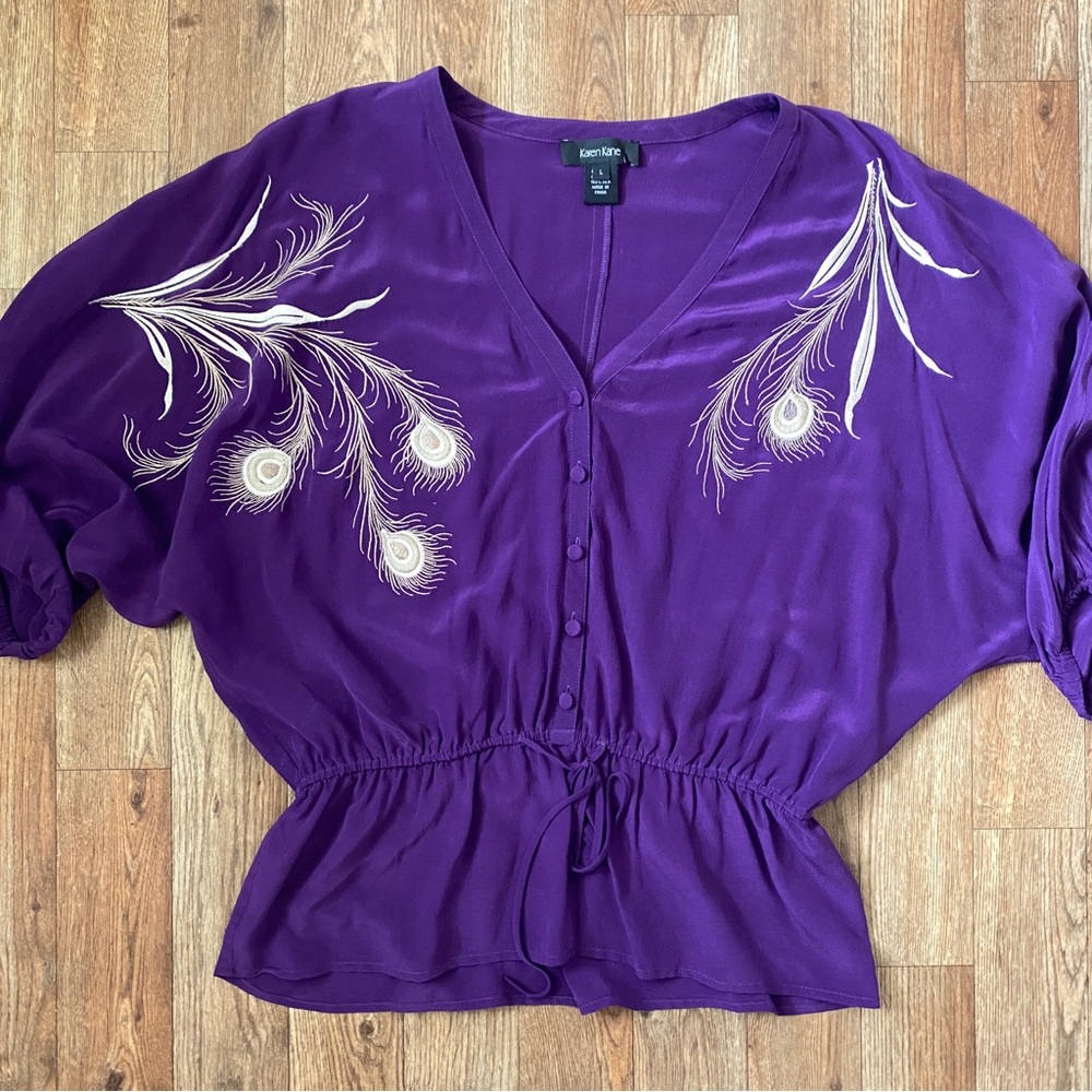 Karen Kane Silk Peplum Blouse Top L Peacock Embroidery Purple Button Drawstring